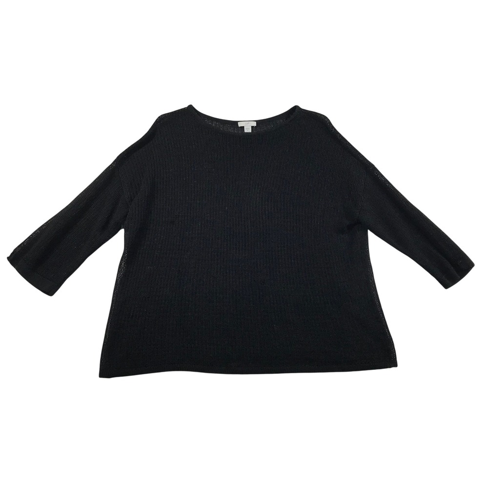J. Jill Black Open Knit Mesh Pullover Sweater Womens Medium 3/4 Sleeve Boat Neck